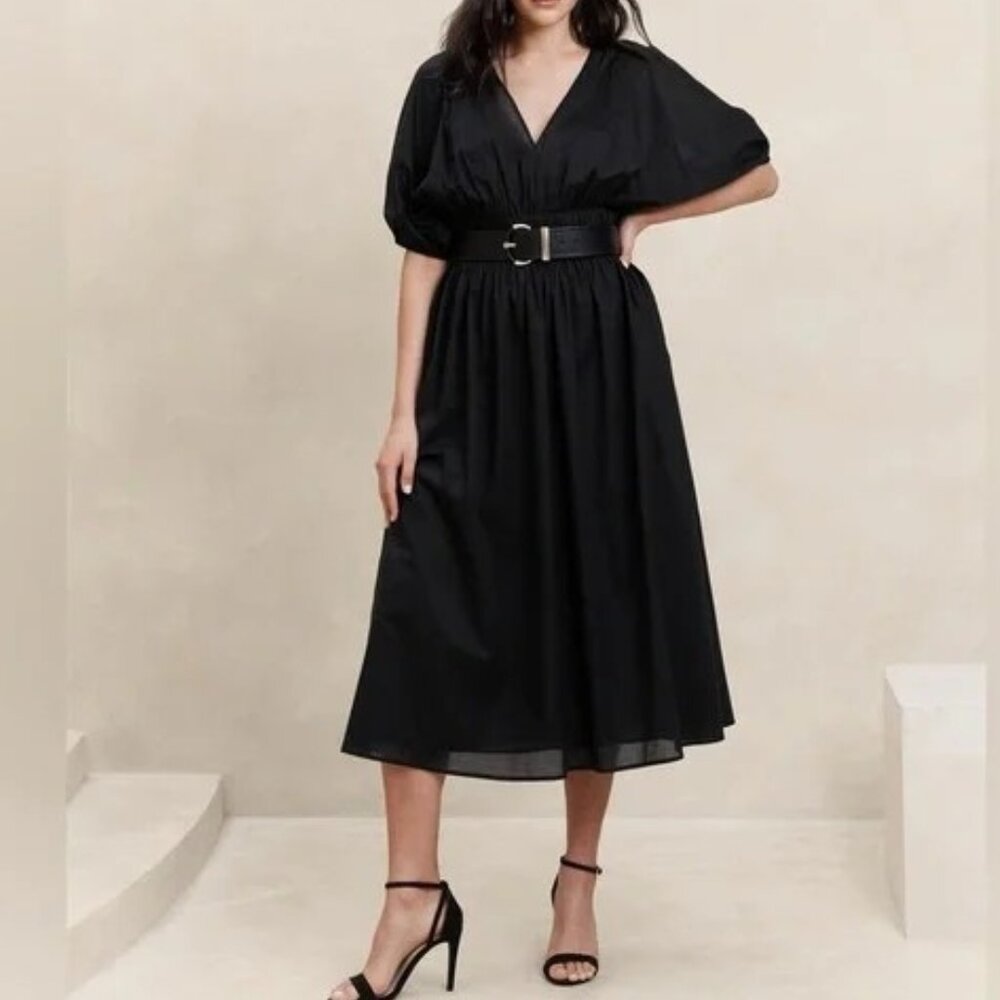 NWT Banana Republic Flowy Black Cotton Voile Blouson Fit-n-Flare Midi Dress S